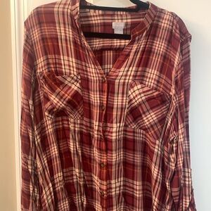 Chico’s burgundy plaid button down flowy top